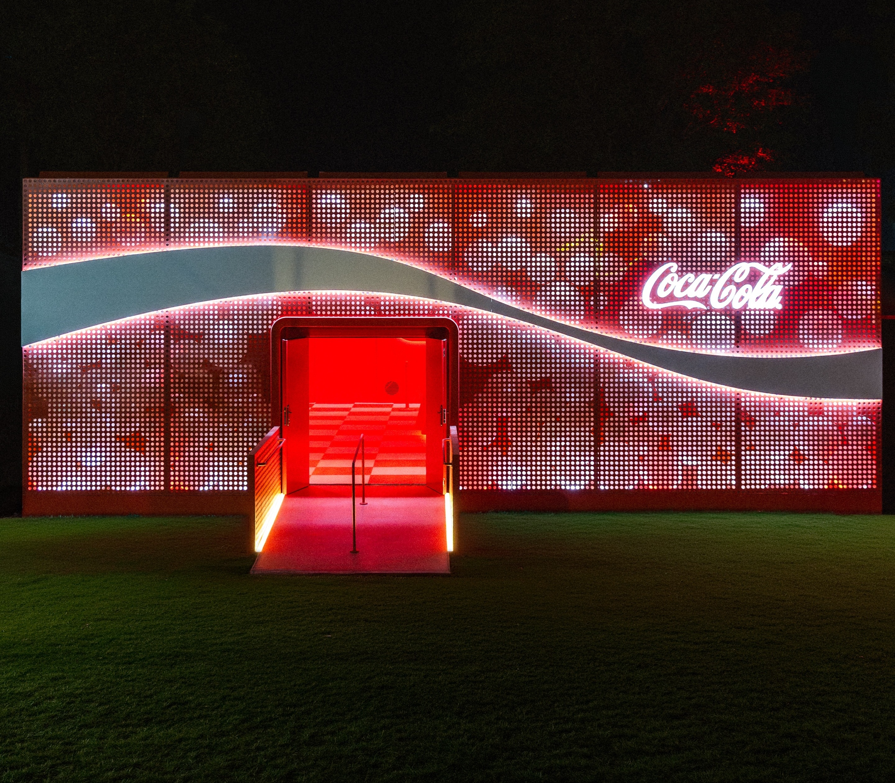 Coca-Cola activation at Coachella, exterior LED facade at night